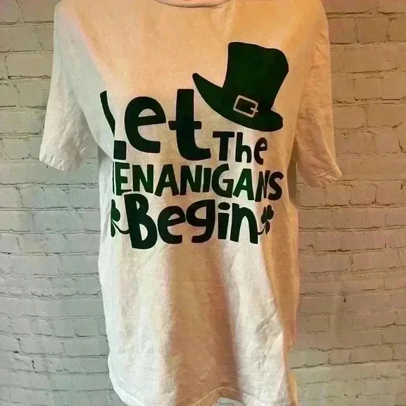 Women’s Large White T-shirt Let the Shenanigans Begin ☘️ - Picture 2 of 5